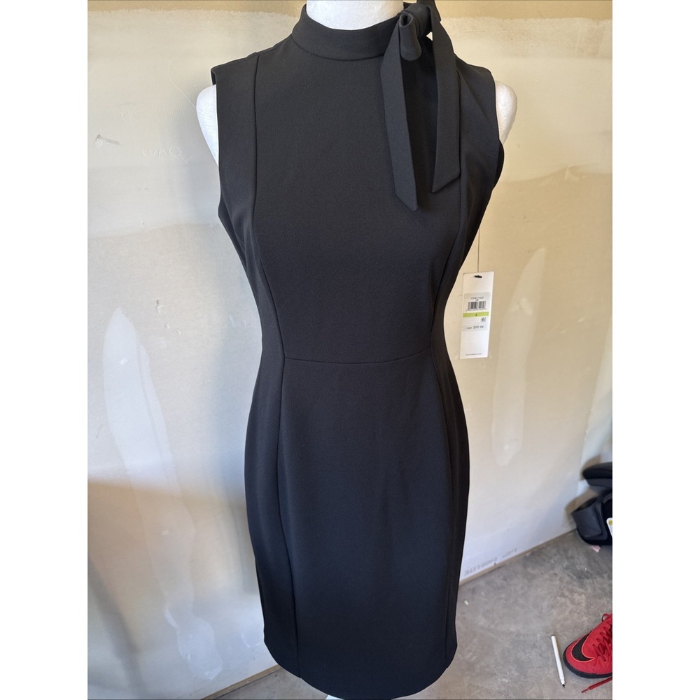 NEW WITH TAGS CALVIN KLEIN  BLACK SHEATH DRESS WITH BLACK NECK BOW ACCENT SIZE 4